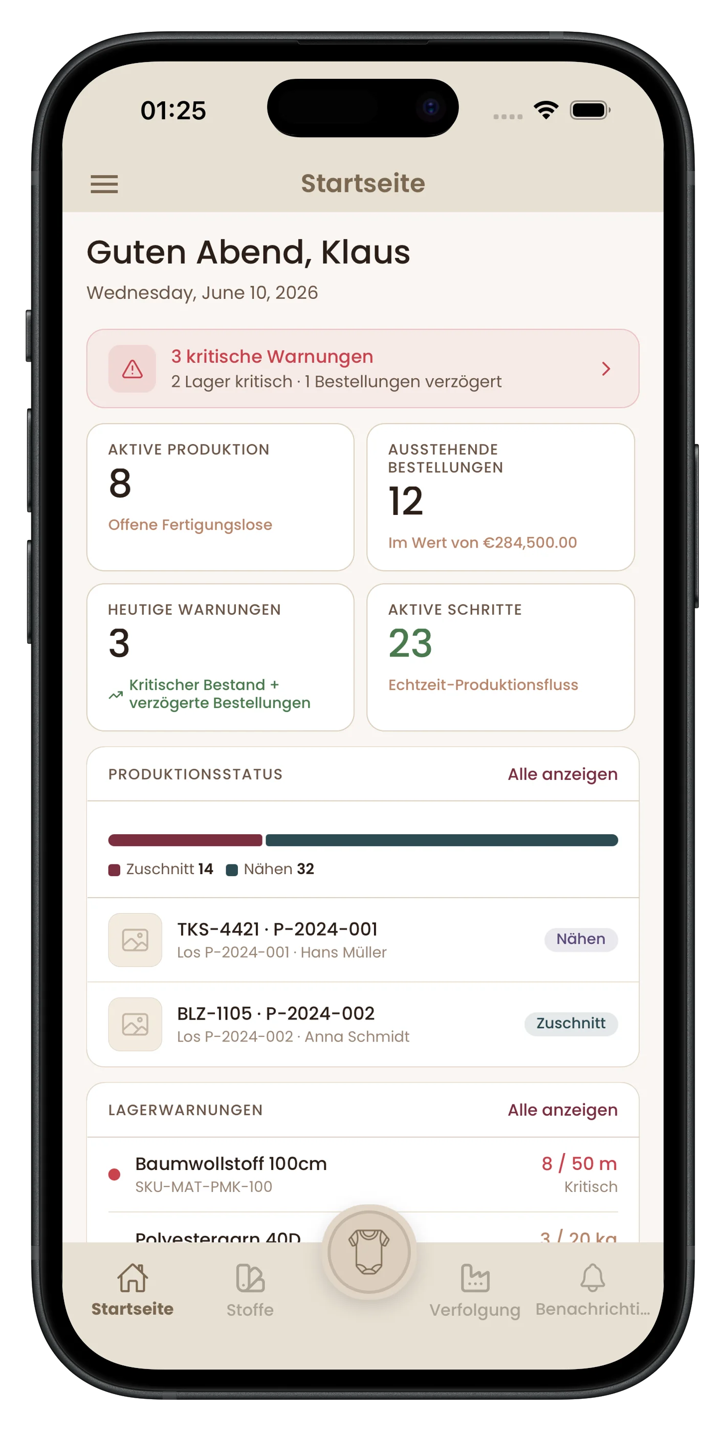 Textile Portal Produktionsverfolgung