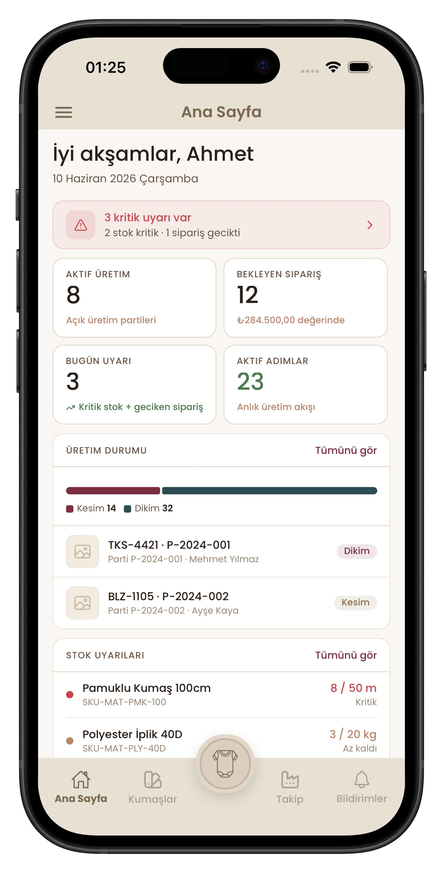Textile Portal üretim takip ekranı